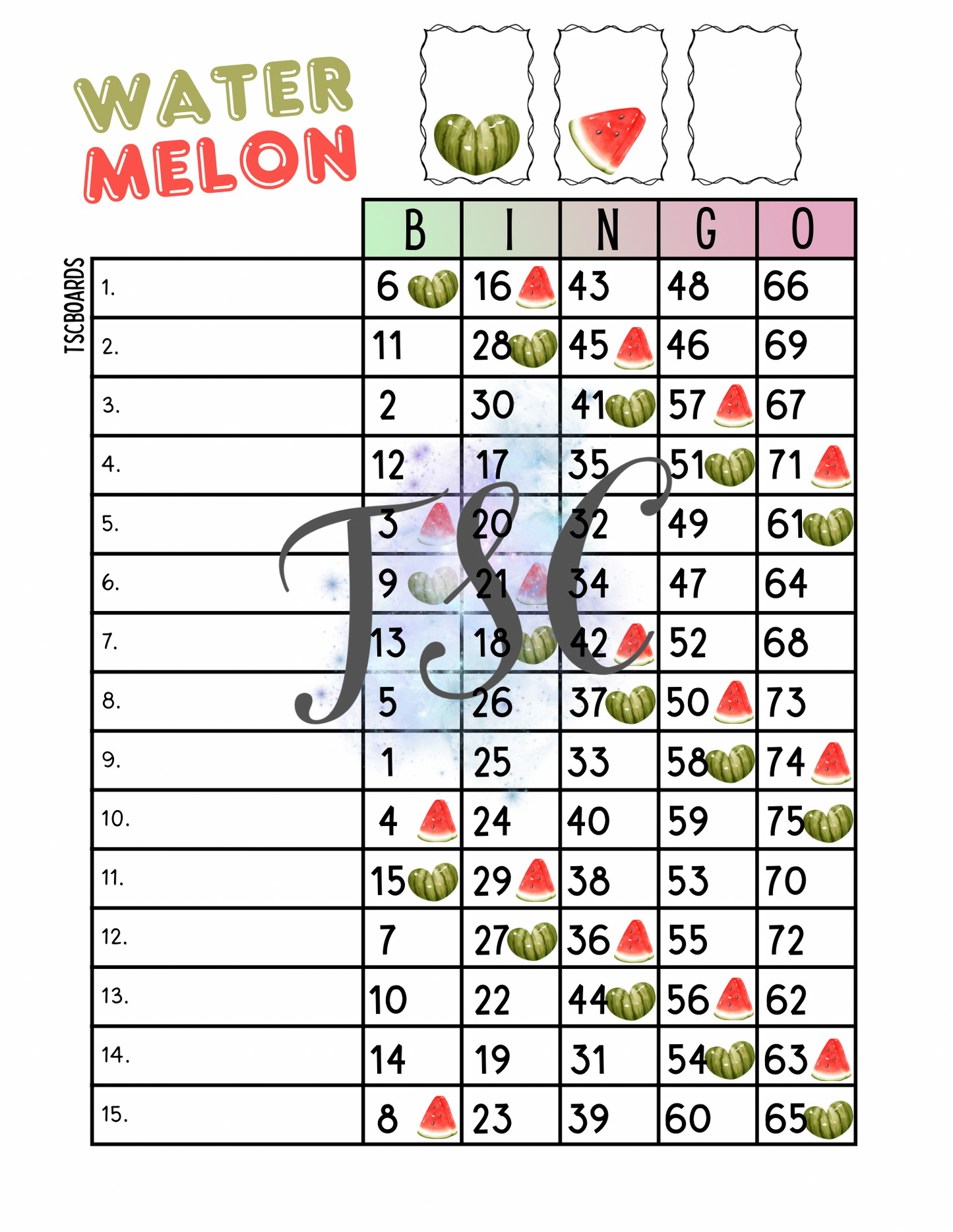 Watermelon Bingo Board 1-75 Ball