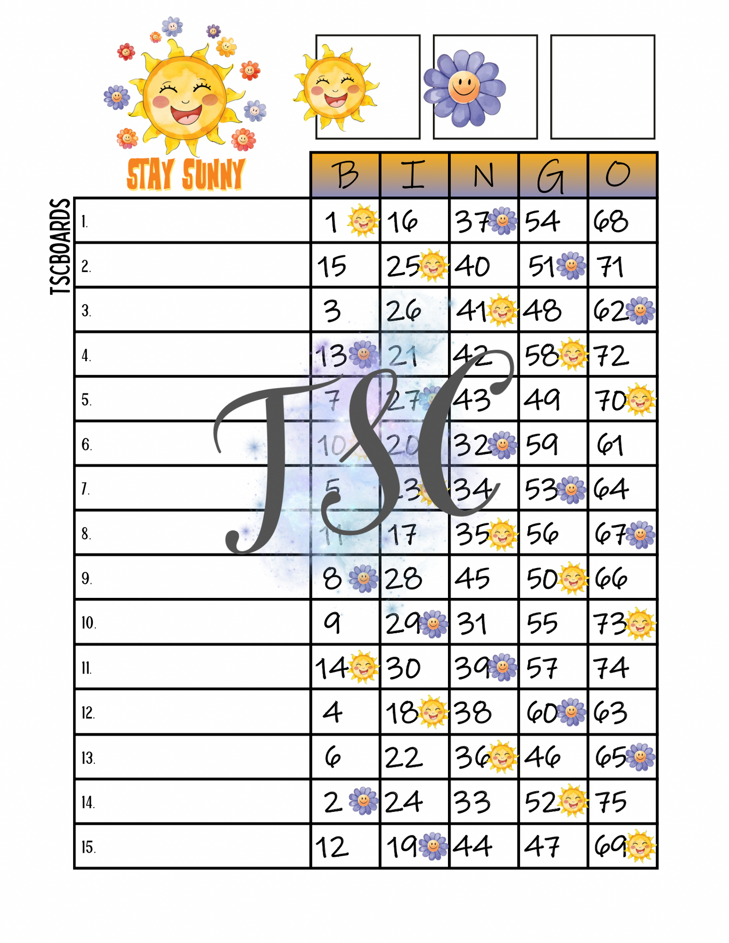 Stay Sunny Bingo Board 1-75 Ball 1-15 Line