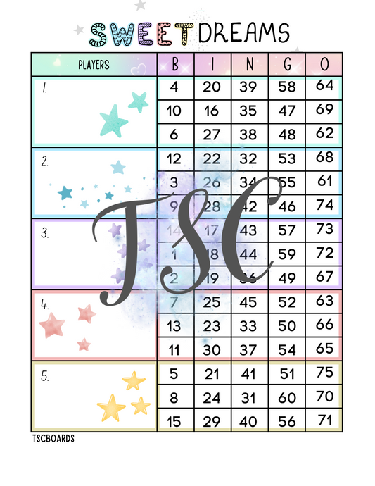 Sweet Dreams Block Bingo Board 1-75 Ball
