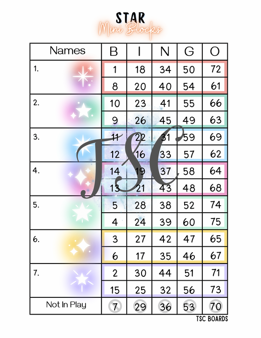 Neon Star Mini Blocks Bingo Board 1-75 Ball