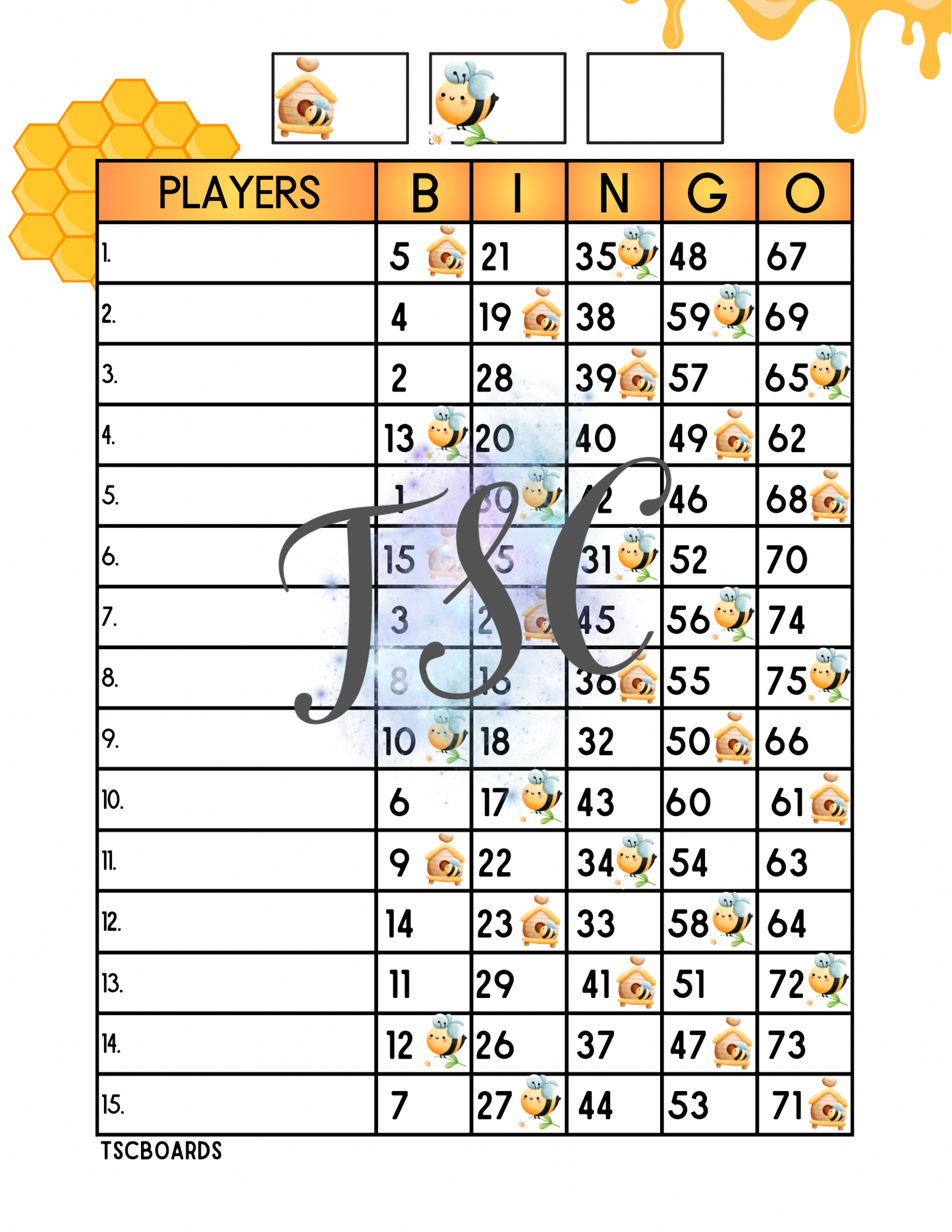 Honey Bee Bingo Board 1-75 Ball 1-15 Line