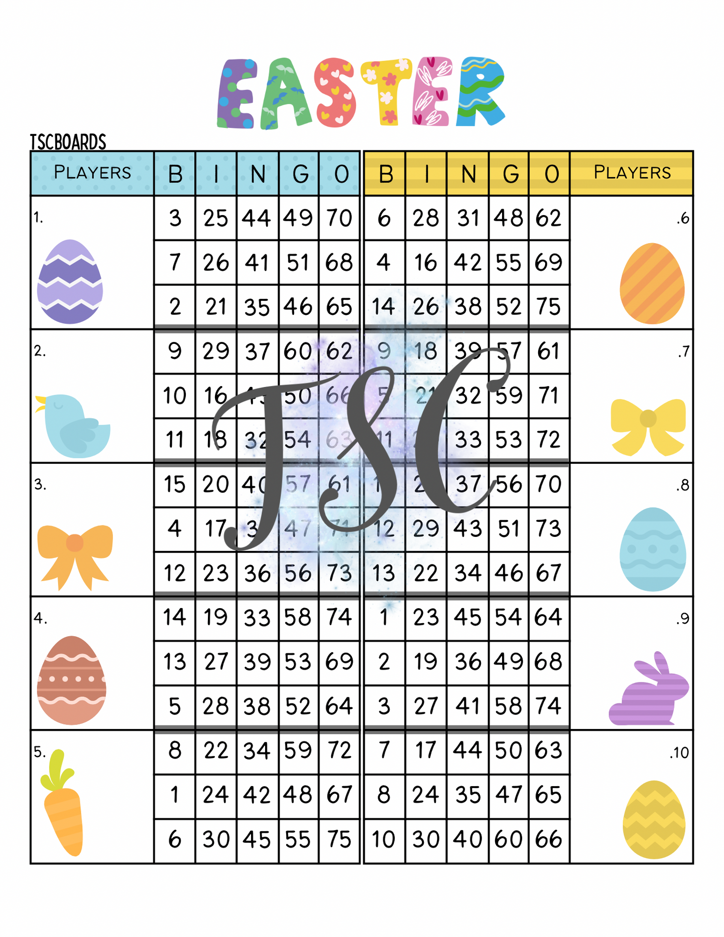Double Block Easter Bingo Board 1-75 Ball