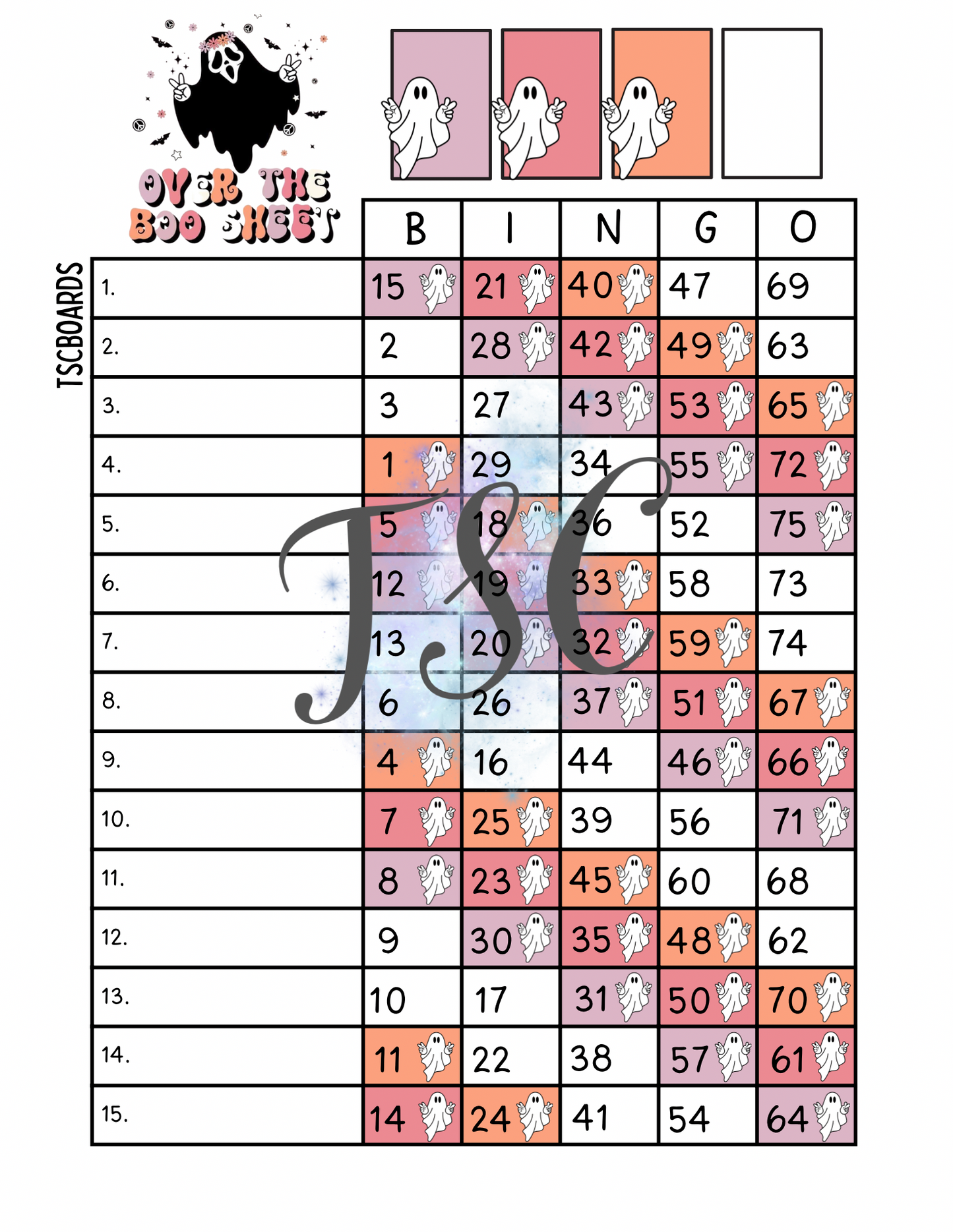 Over The Boo Sheet Bingo Board 1-75 Ball