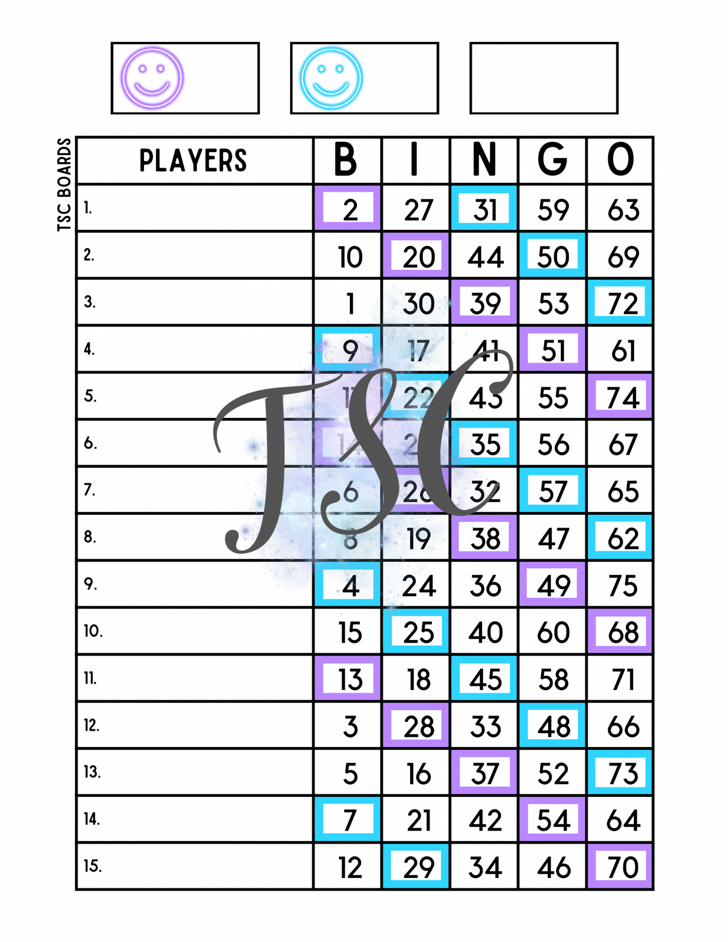 Smiley Face Two Colour Bingo Board 1-75 Ball 1-15 Line