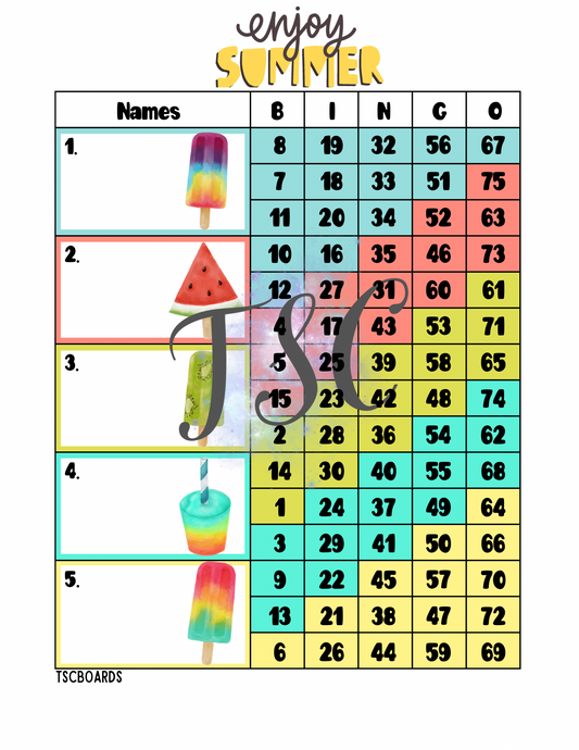 Enjoy Summer Tetris Block Bingo Board 1-75 Ball
