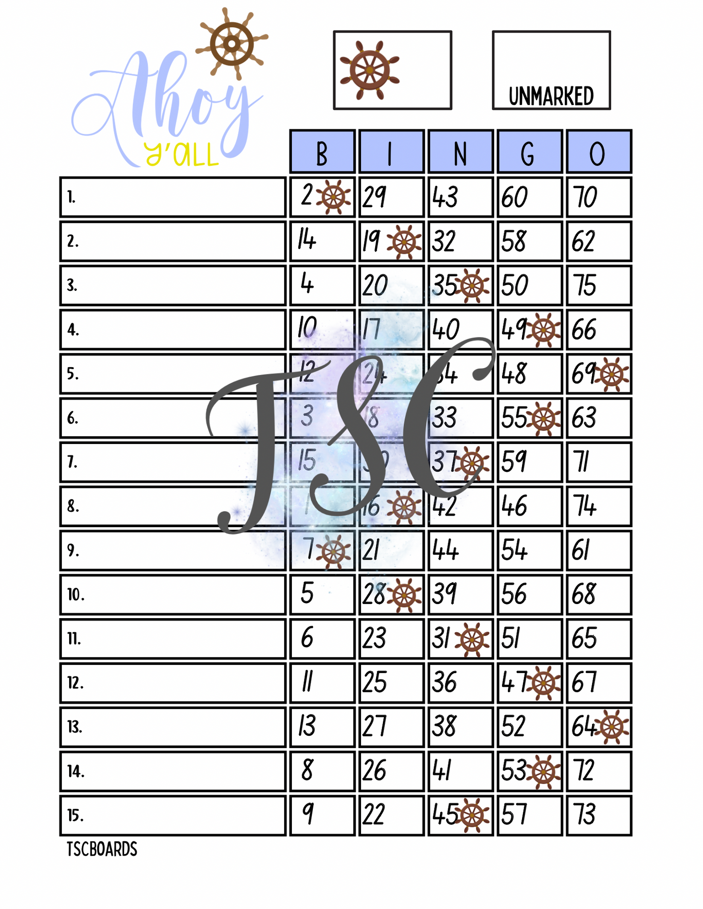 Ahoy Y’all Bingo Board 1-75 Ball