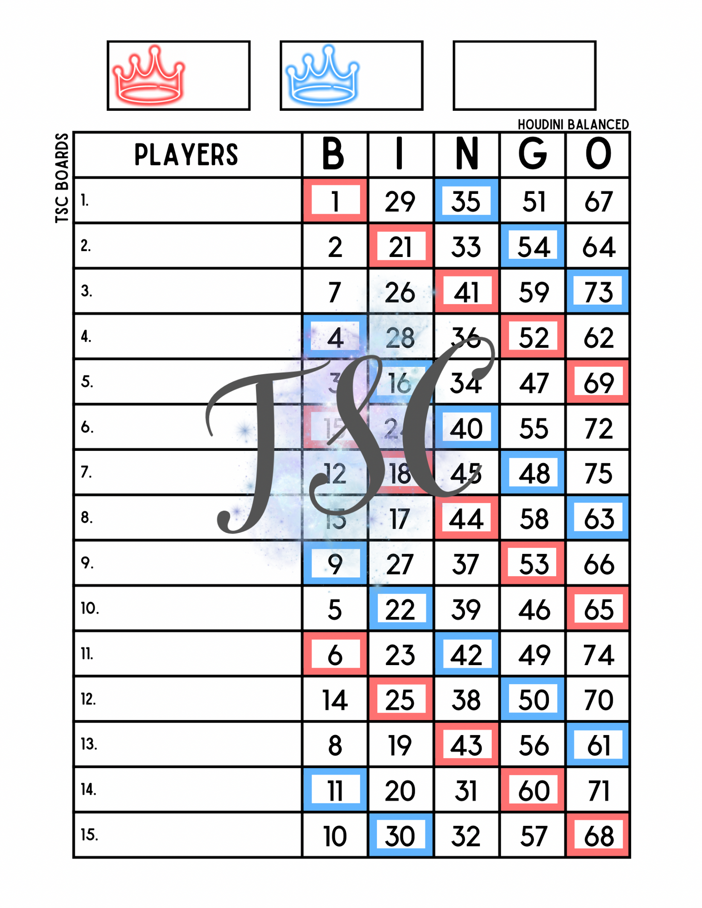 Crown Two Colour Bingo Board 1-75 Ball 1-15 Line