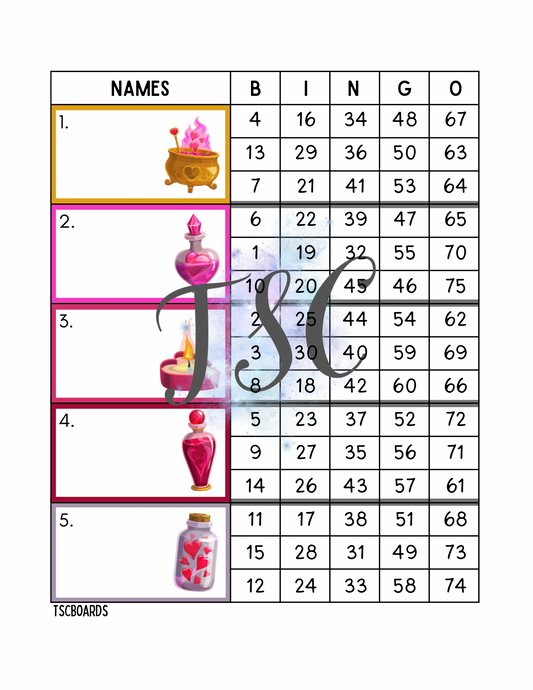 Love Potion Block Bingo Board 1-75 Ball