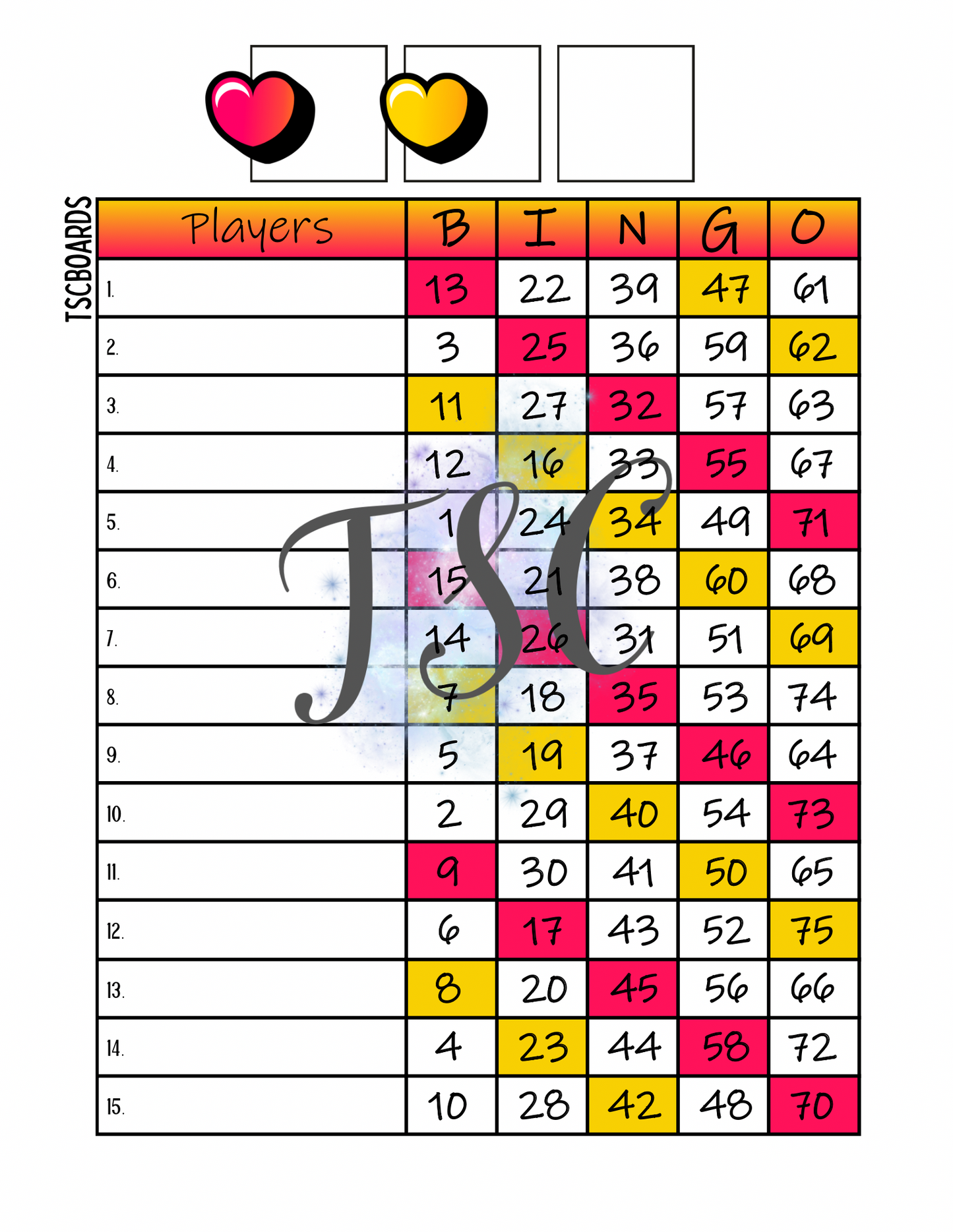 Red Yellow Hearts Bingo Board 1-75 Ball 1-15 Line