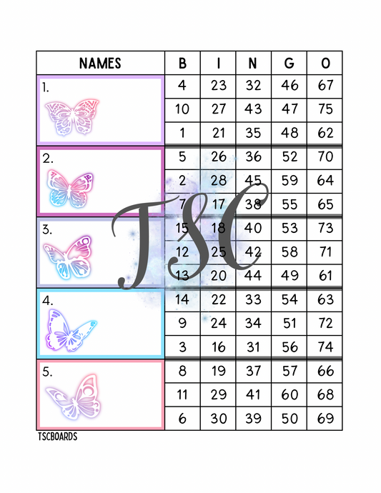 Neon Butterfly Block Bingo Board 1-75 Ball