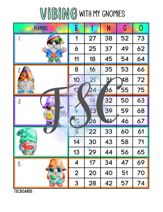 Vibing with my Gnomies Block Bingo Board 1-75 Ball
