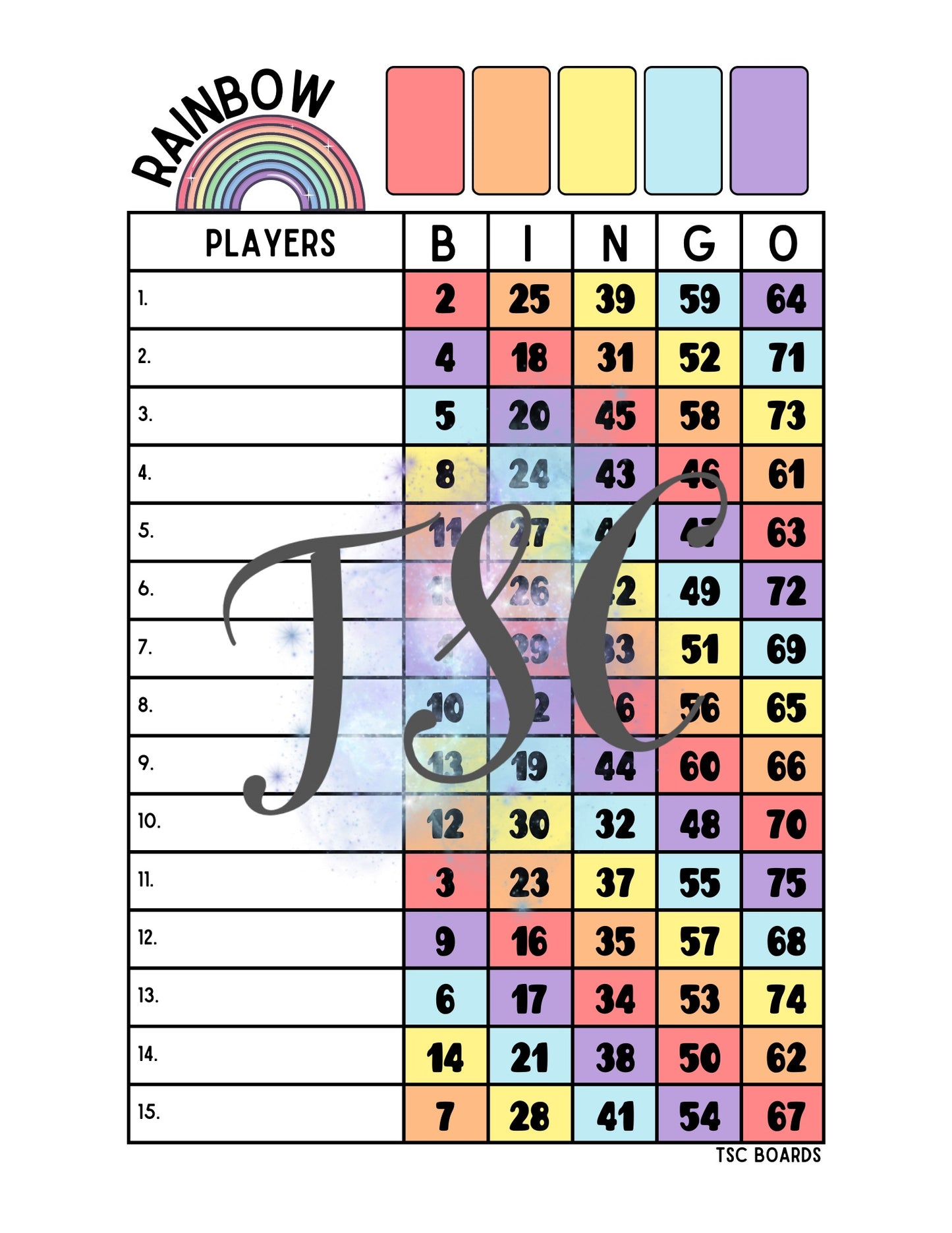 Rainbow Bingo Board 1-75 Ball