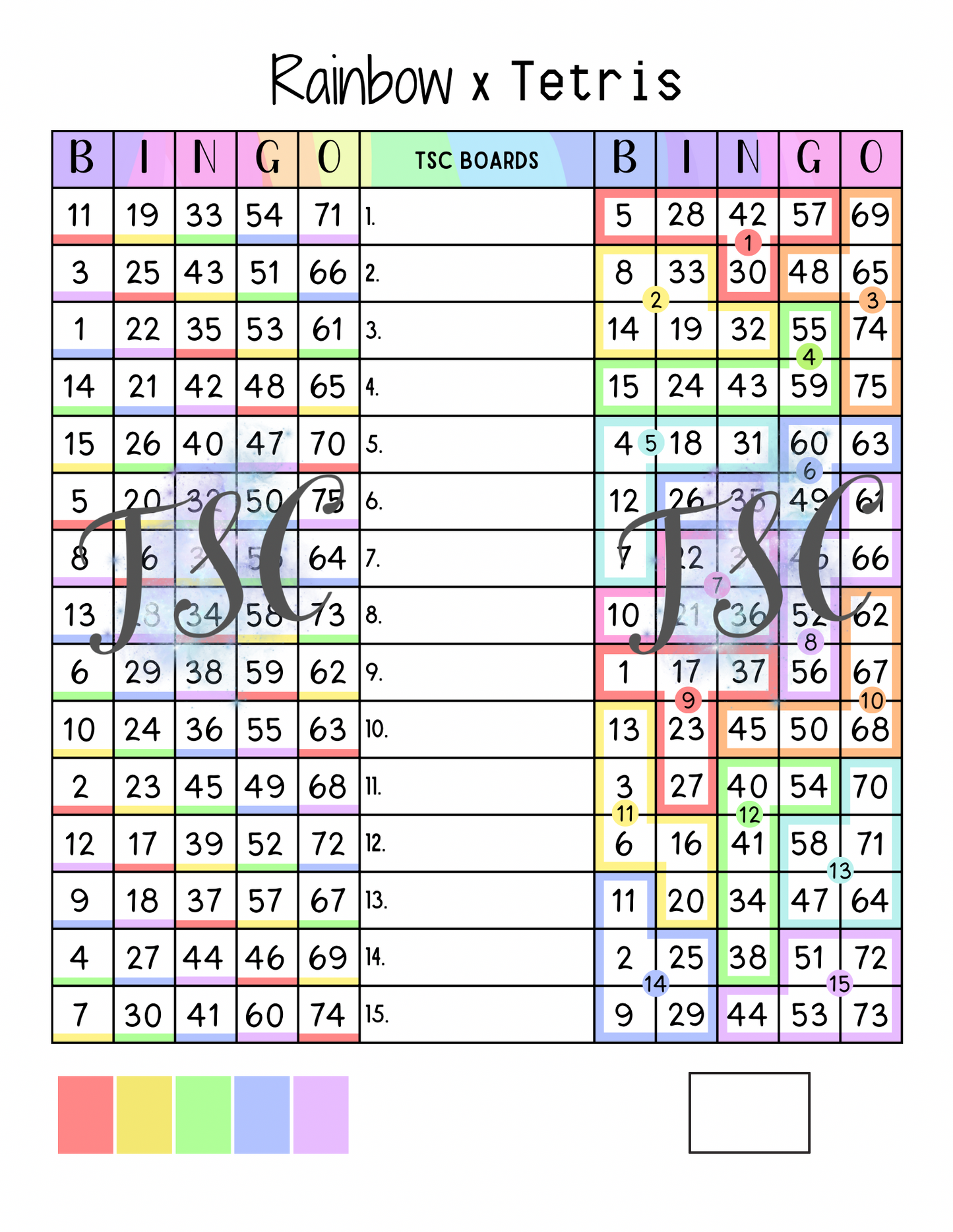 Rainbow X Tetris Double Page Bingo Board 1-75 Ball