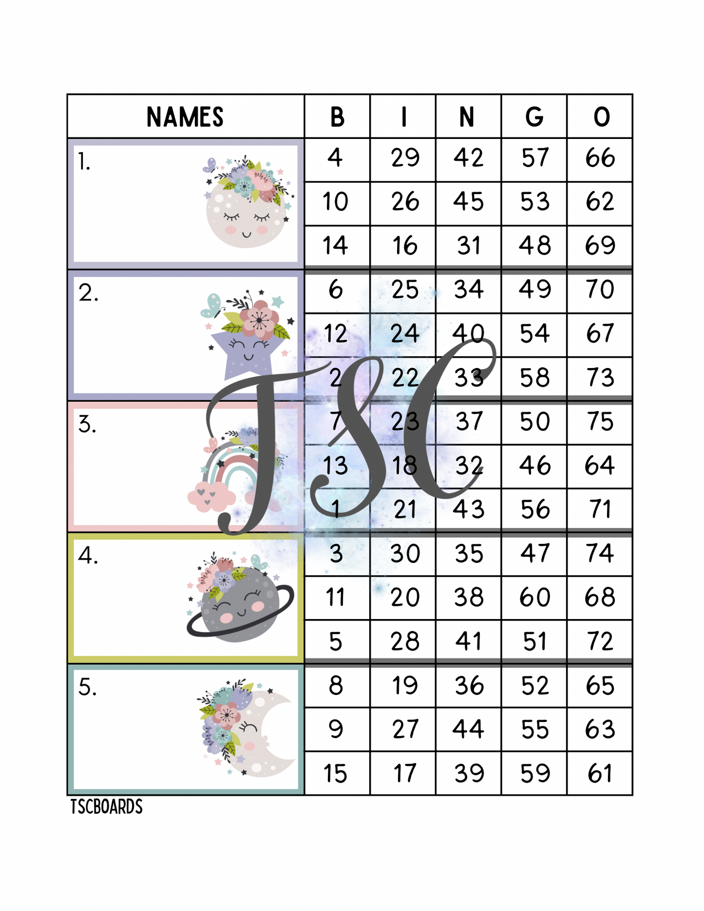 Boho Block Bingo Board 1-75 Ball
