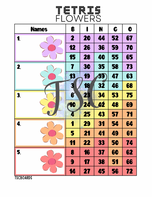 Tetris Flowers Block Bingo Board 1-75 Ball