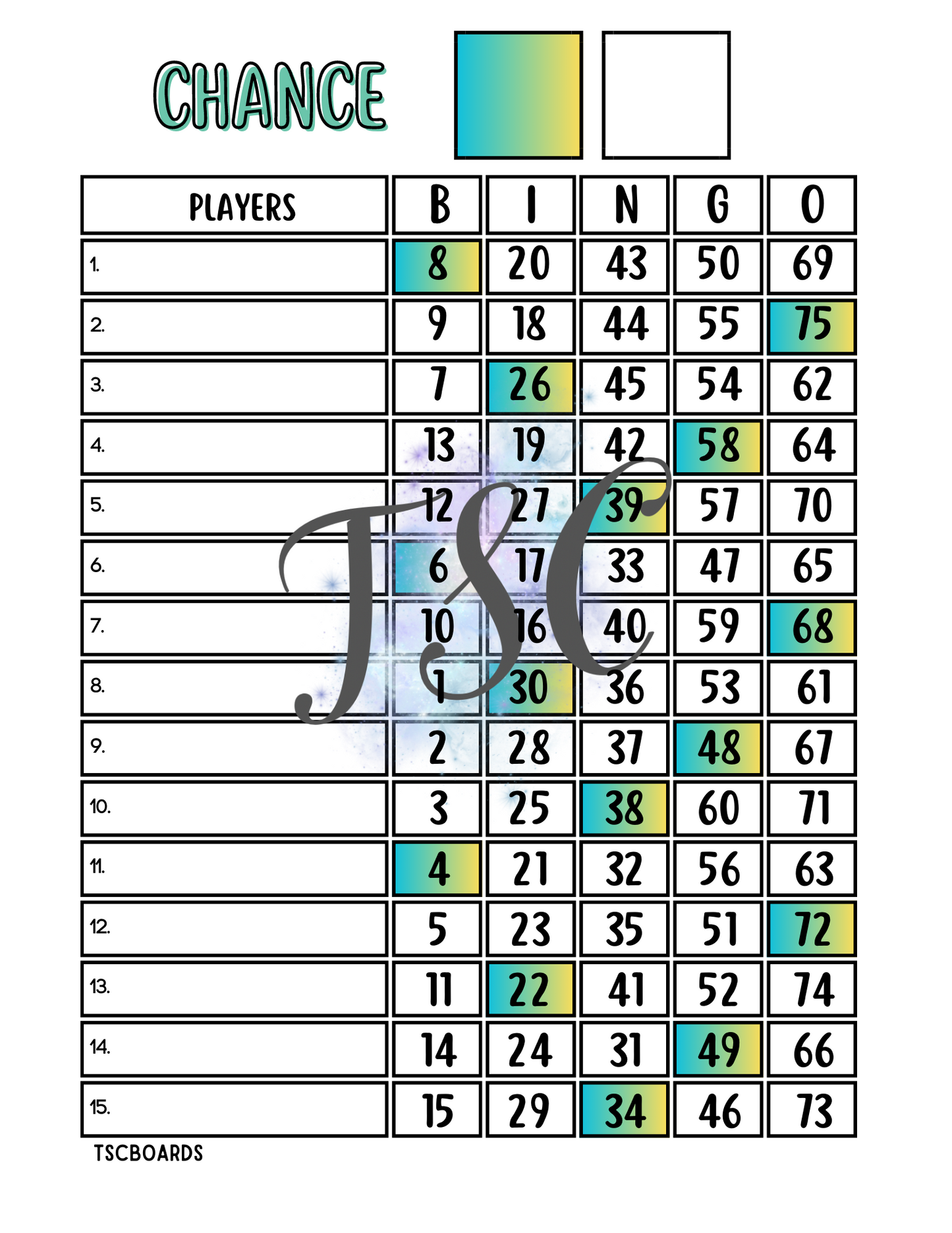 Green Chance Bingo Board 1-75 Ball