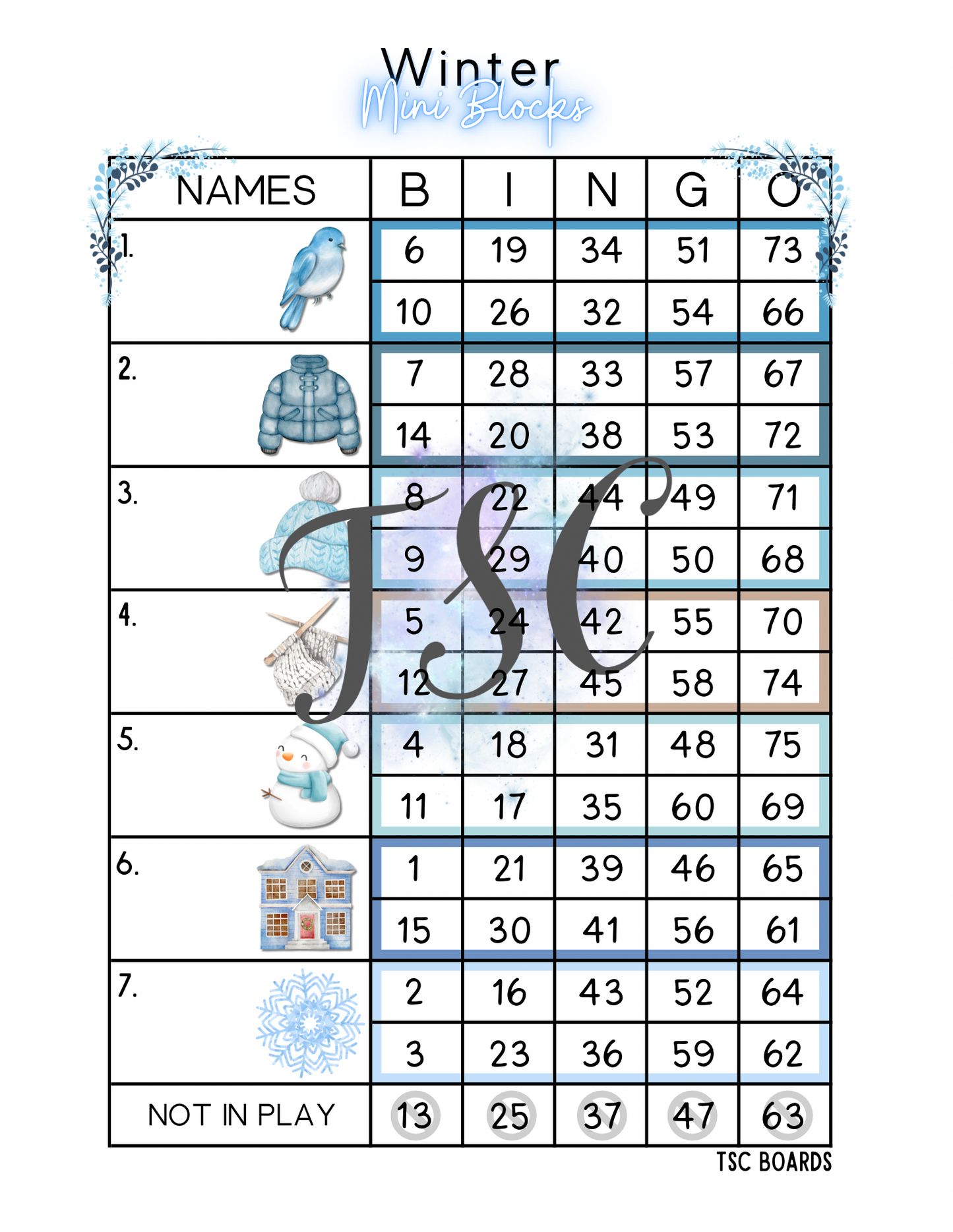 Winter Mini Blocks Bingo Board 1-75 Ball