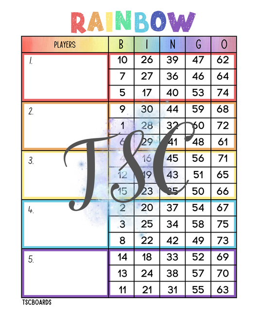 Rainbow Block Block Bingo Board 1-75 Ball