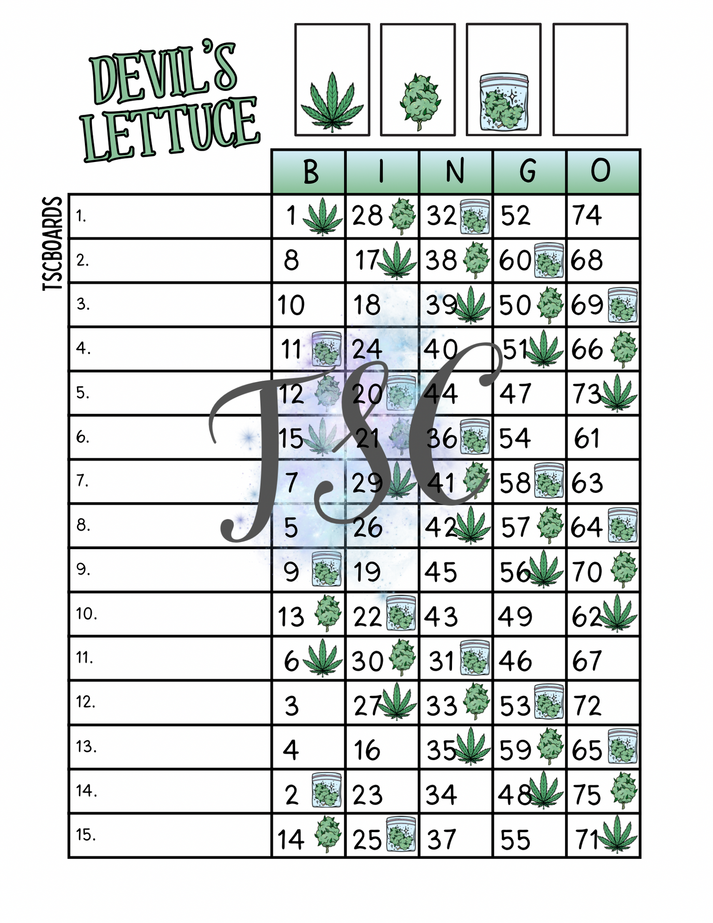 Devil’s Lettuce Bingo Board 1-75 Ball