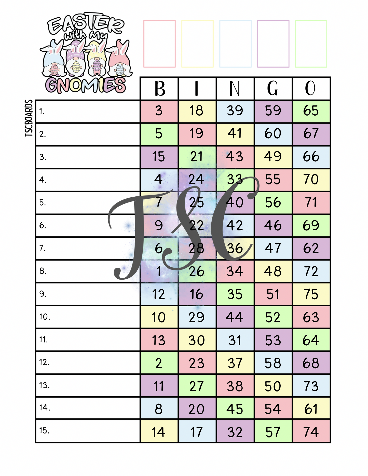 Easter With My Gnomies Bingo Board 1-75 Ball