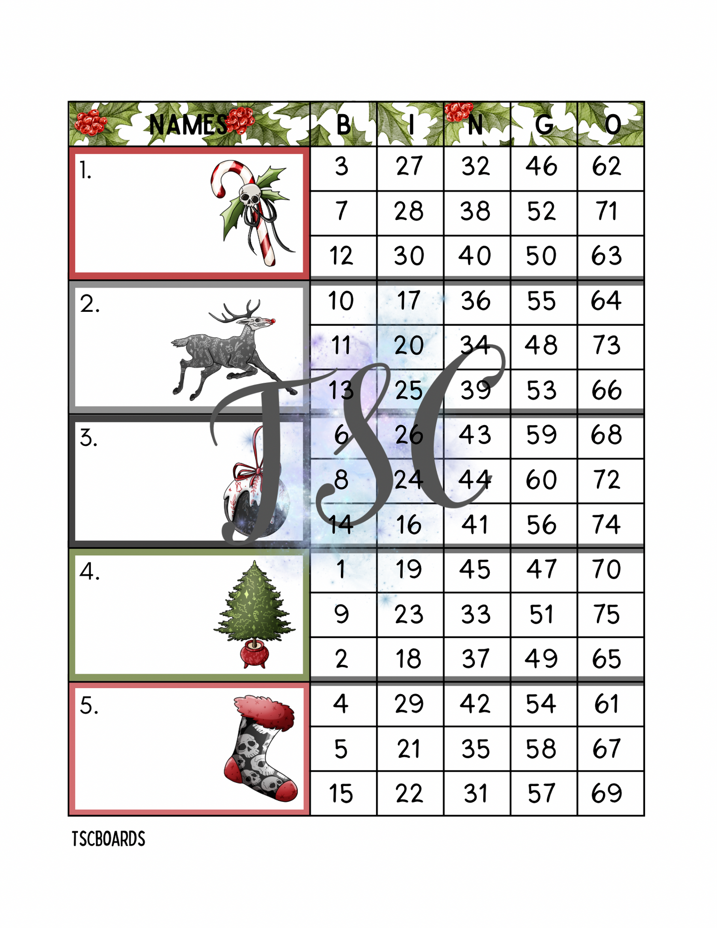 Dark Christmas Block Bingo Board 1-75 Ball