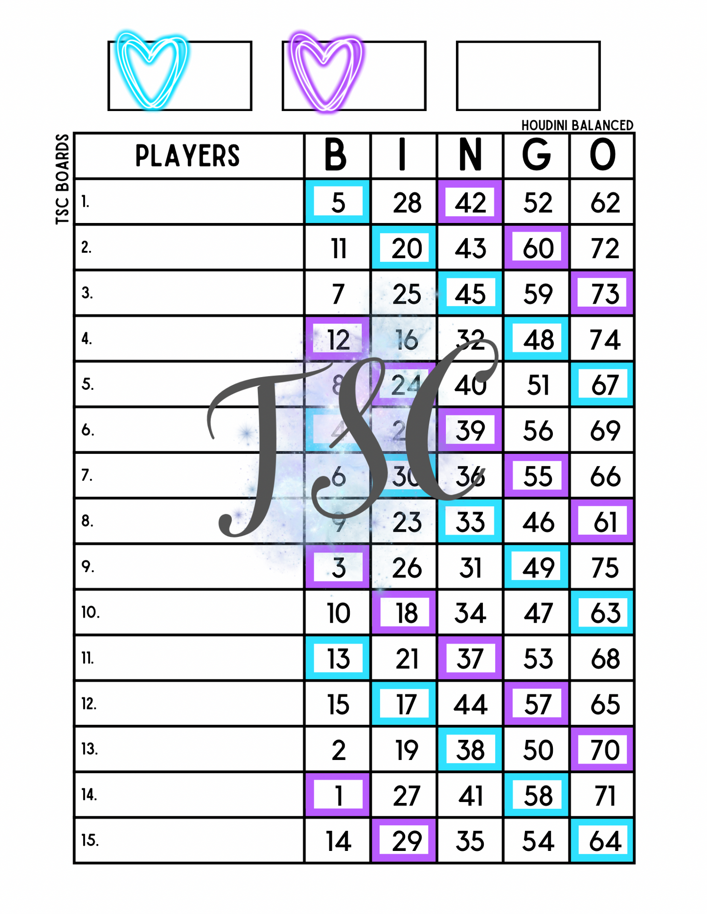 Heart Two Colour Bingo Board 1-75 Ball 1-15 Line