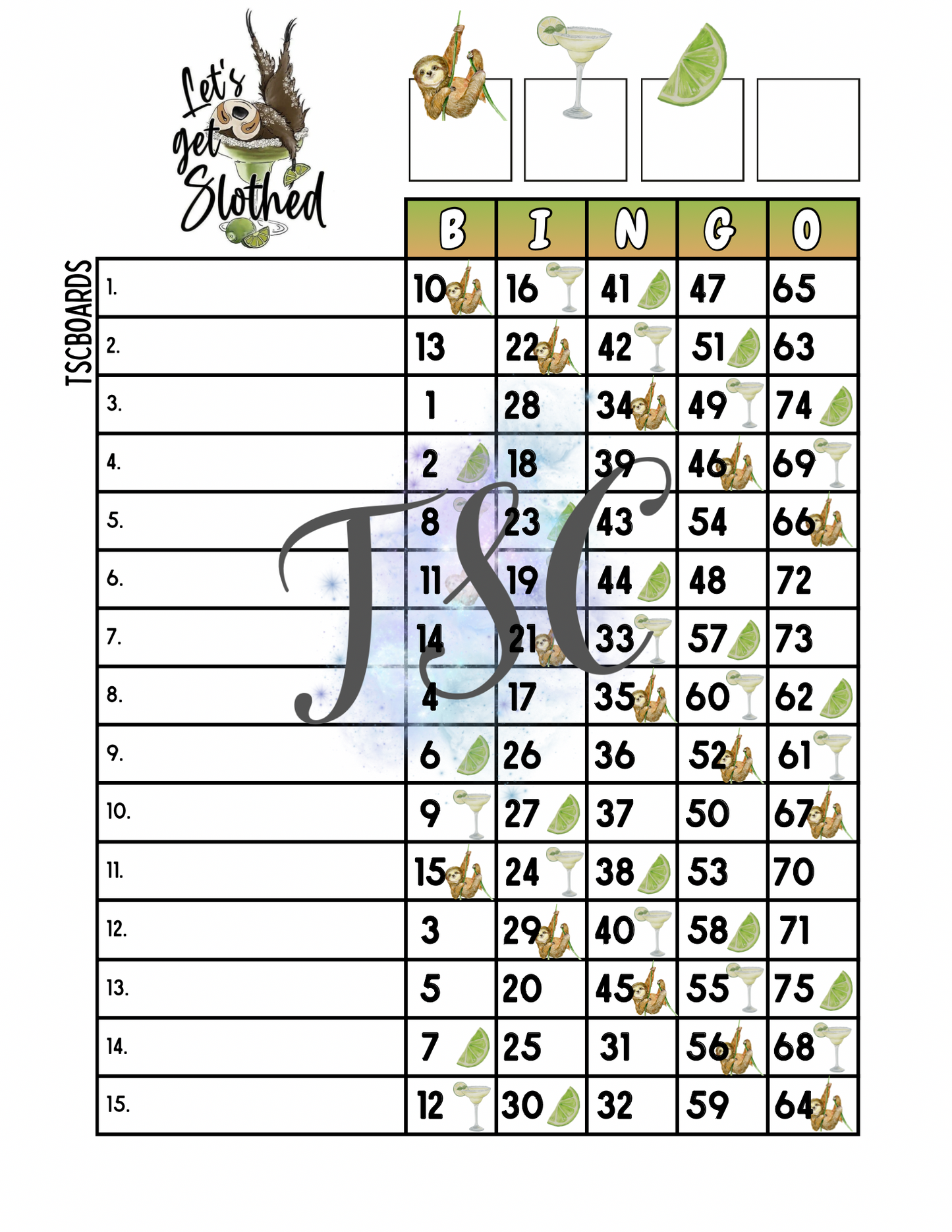 Lets Get Slothed Bingo Board 1-75 Ball