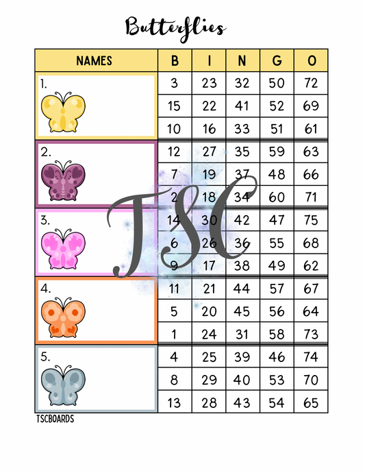 Butterflies Block Bingo Board 1-75 Ball