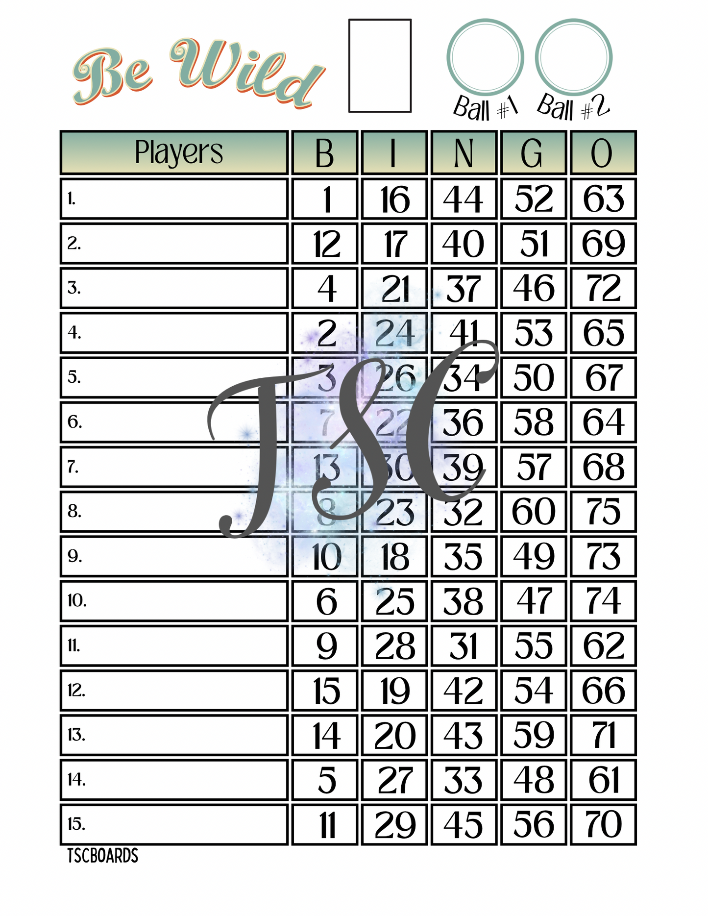 Be Wild Bingo Board 1-75 Ball