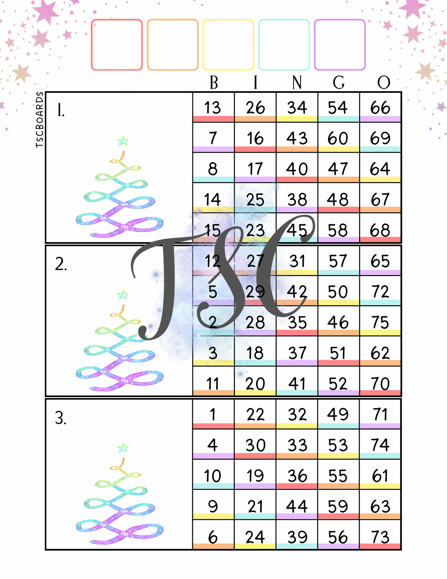 Christmas Tree Mega Rainbow Block Bingo Board 1-75 Ball