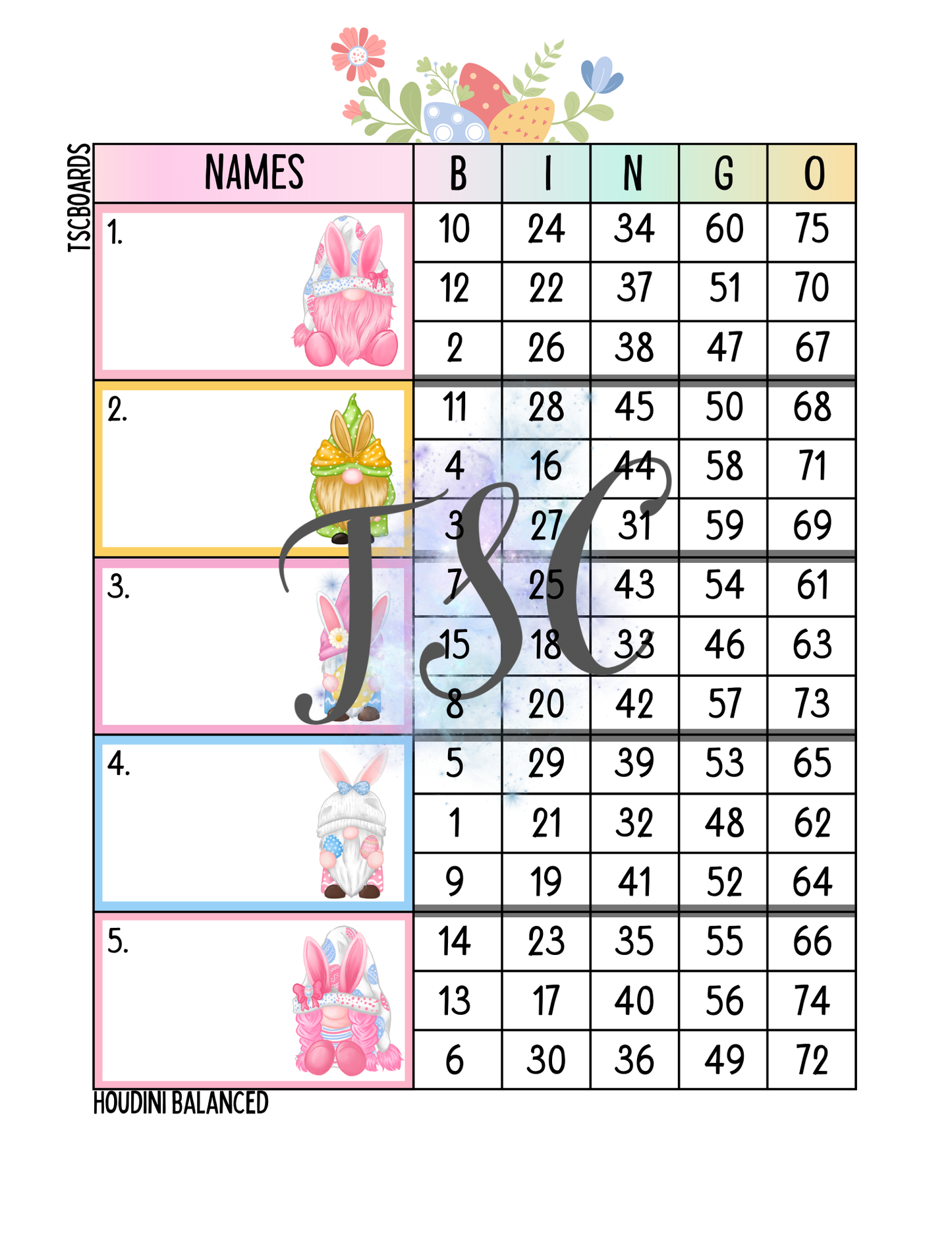 Easter Gnome Block Bingo Board 1-75 Ball