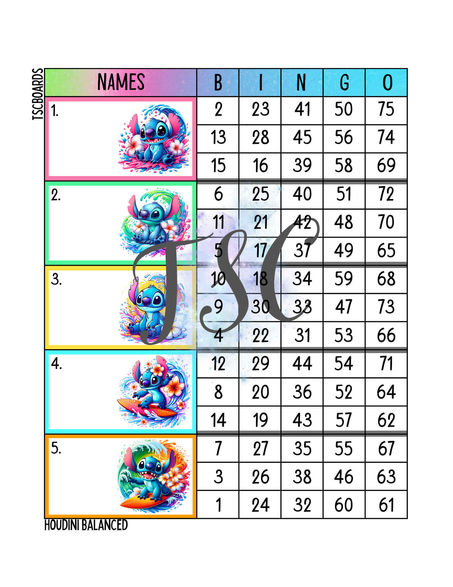 Surf Stitch Block Bingo Board 1-75 Ball