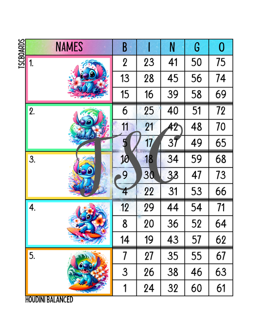 Surf Stitch Block Bingo Board 1-75 Ball