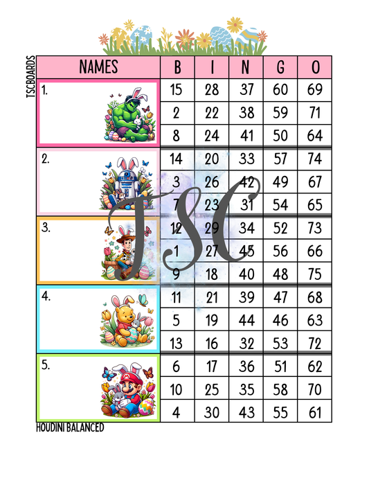 Character Easter Block Bingo Board 1-75 Ball
