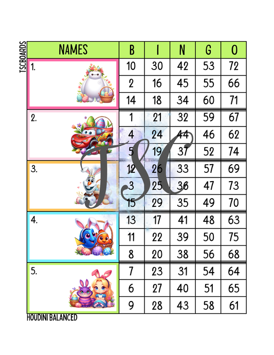 Character Easter Block Bingo Board 1-75 Ball