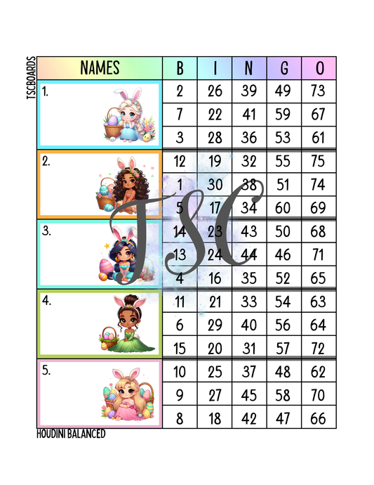 Princess Easter Block Bingo Board 1-75 Ball