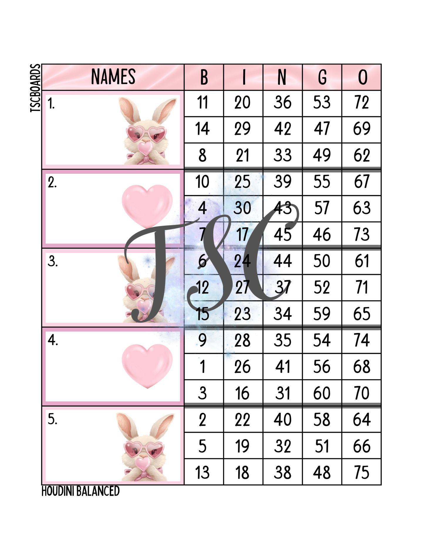 Bunnies Heart Block Bingo Board 1-75 Ball