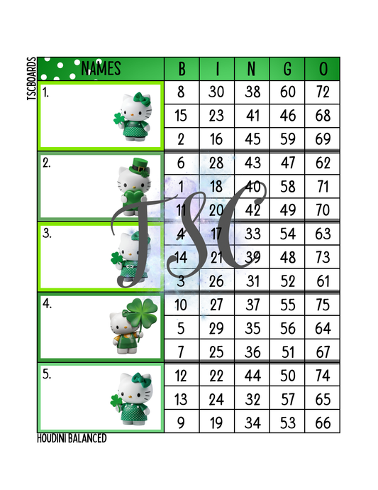 Hello St Paddy’s Day Kitty Block Bingo Board 1-75 Ball