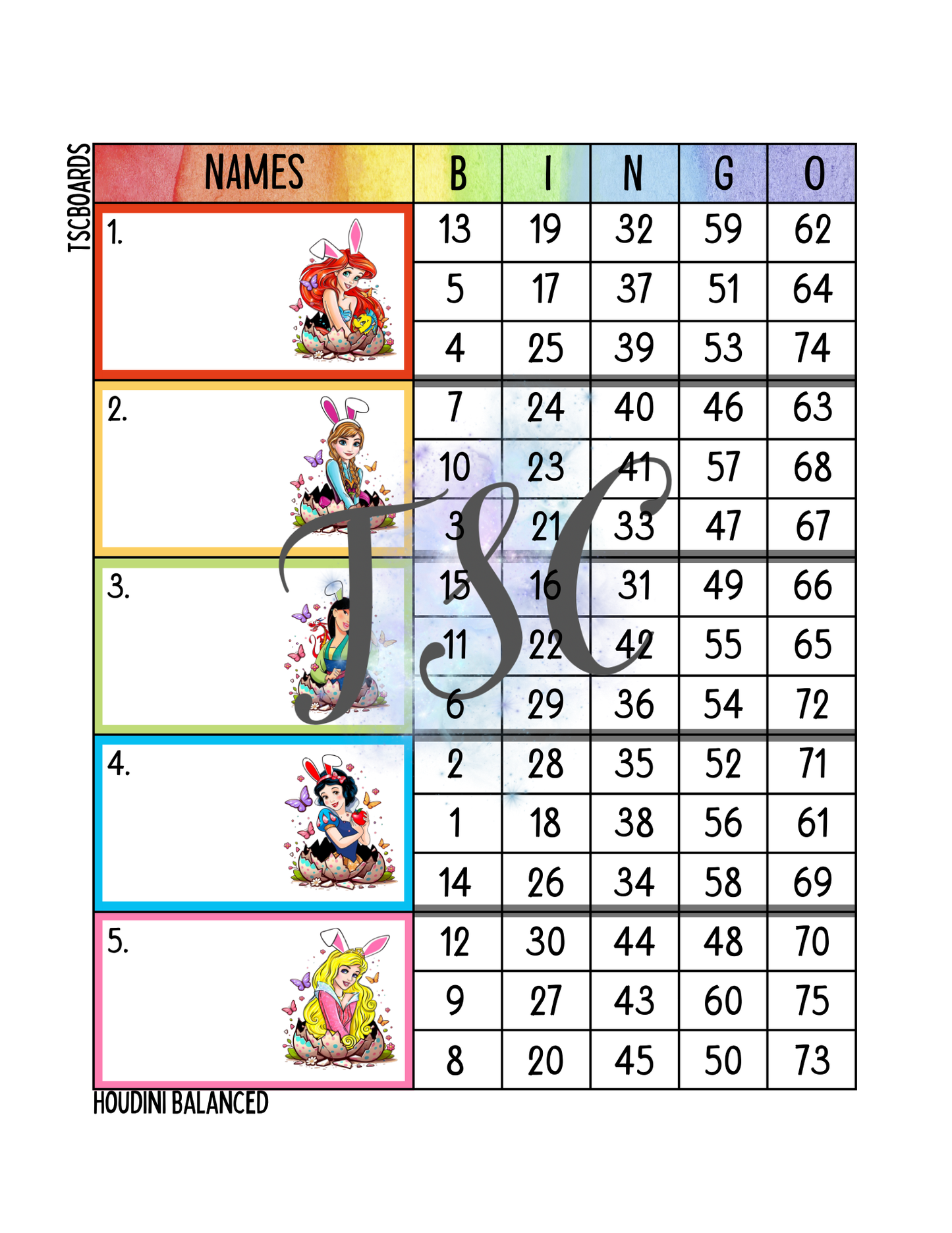 Princess Easter Egg Block Bingo Board 1-75 Ball