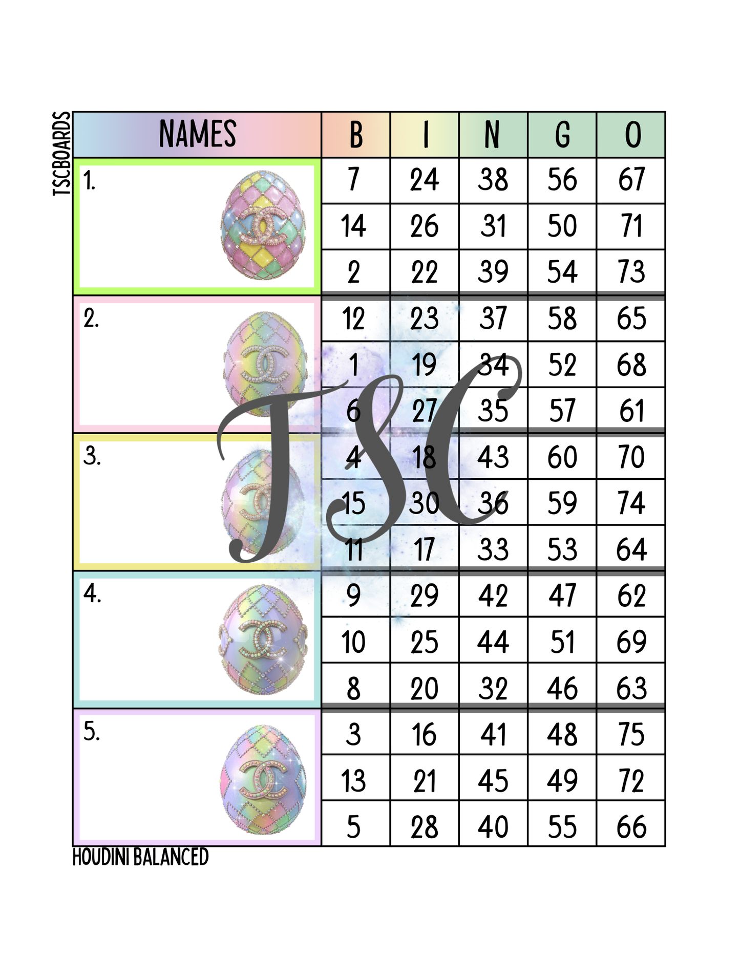 Designer Easter Egg Block Bingo Board 1-75 Ball
