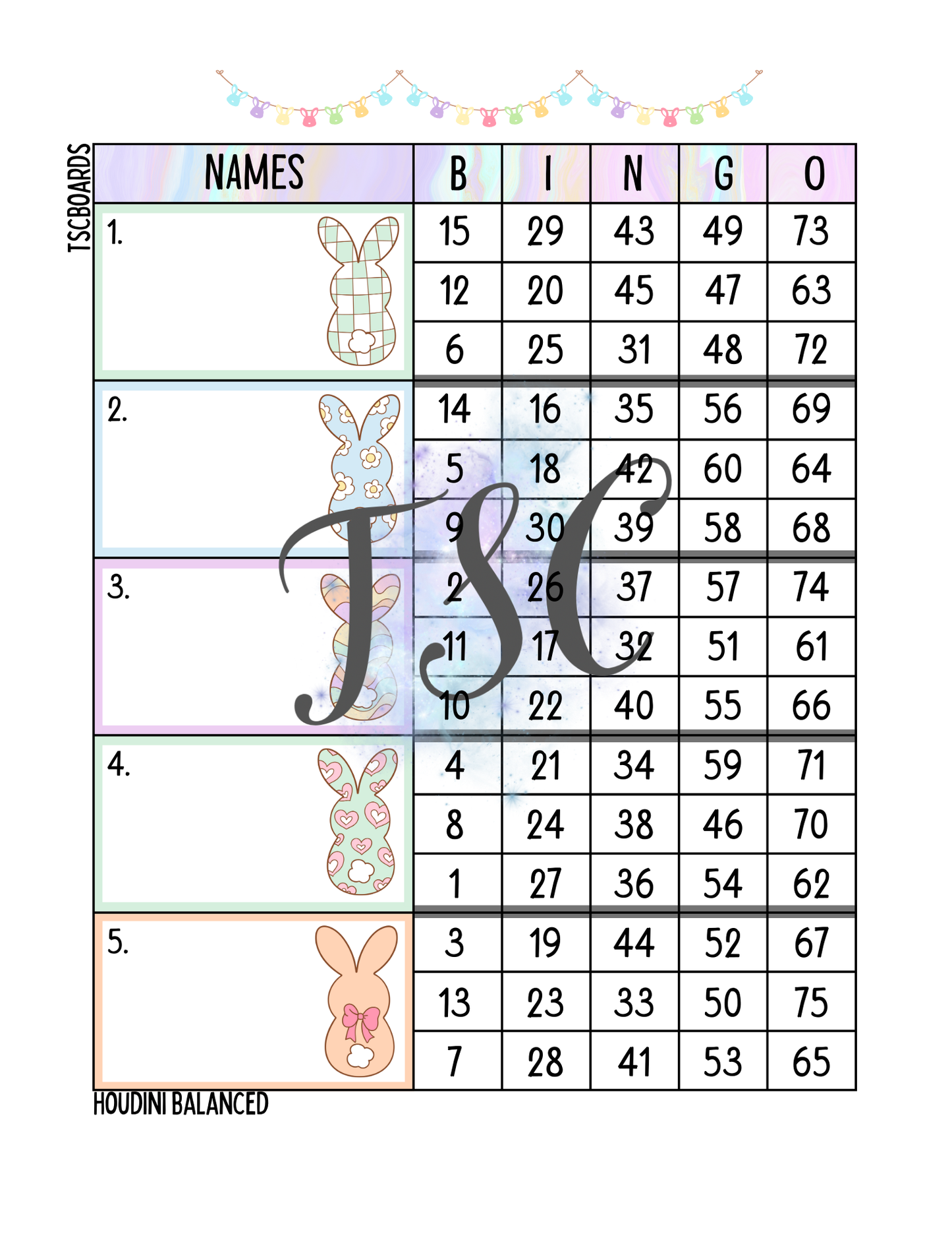 Pastel Bunny Block Bingo Board 1-75 Ball