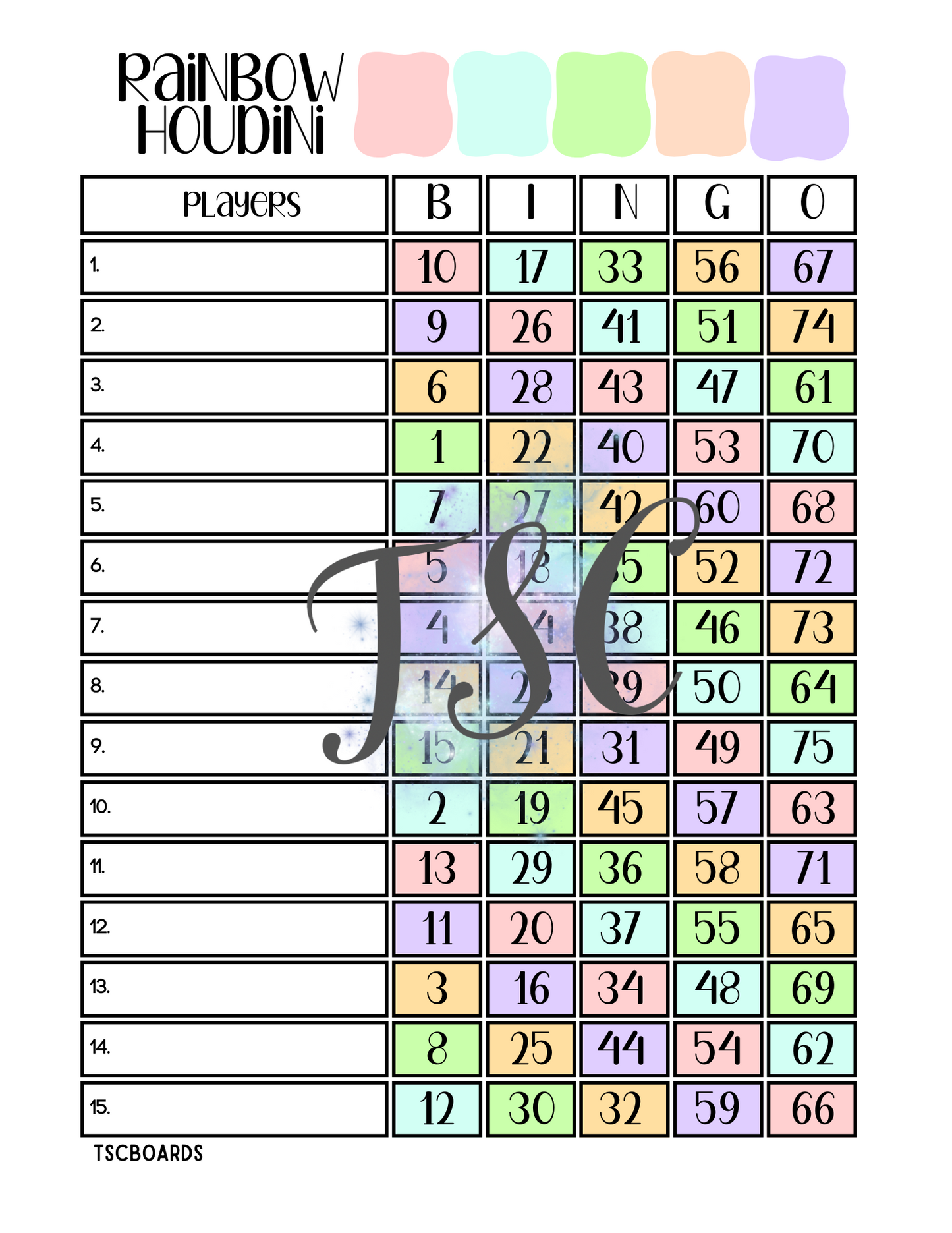 Rainbow Houdini Bingo Board 1-75 Ball