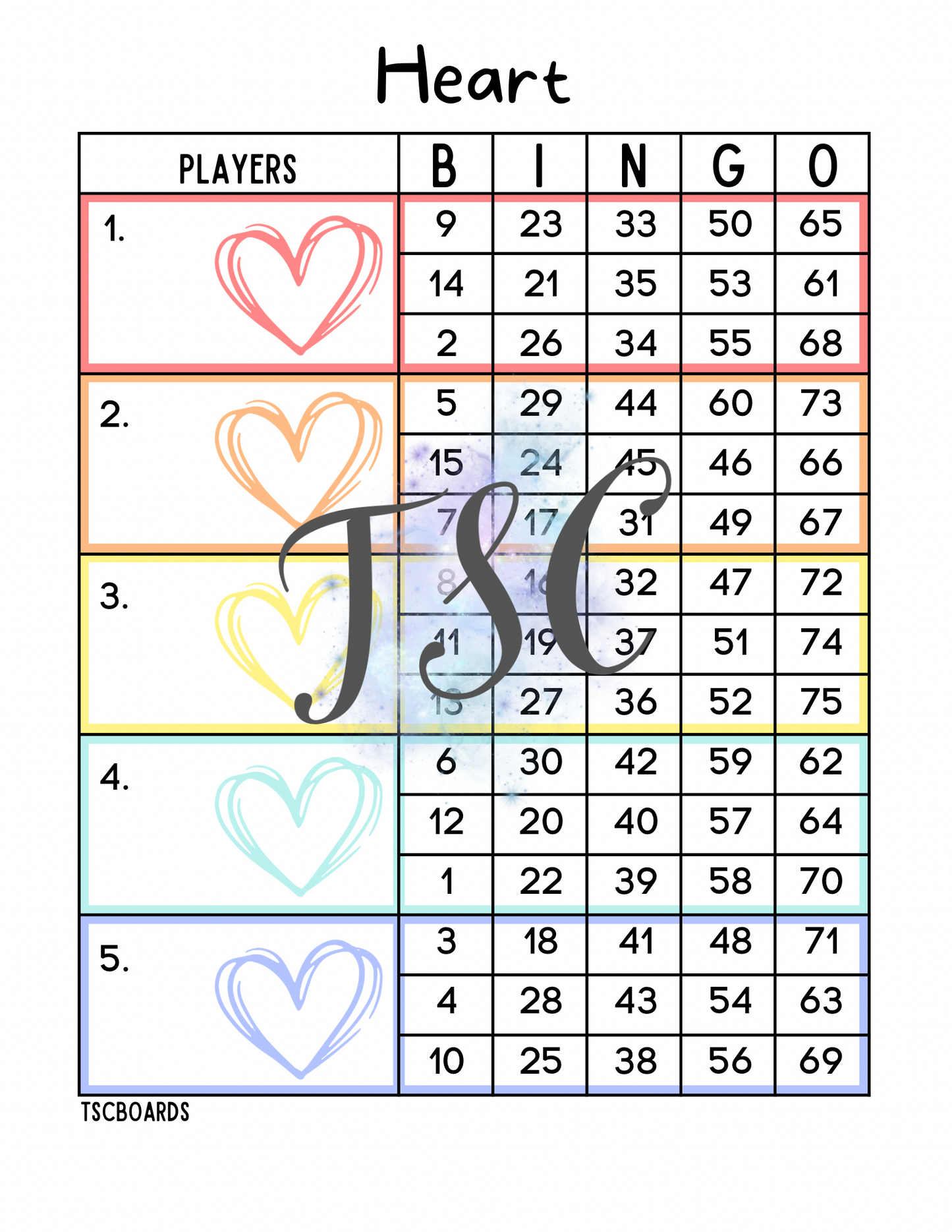 Heart Rainbow Block Bingo Board 1-75 Ball