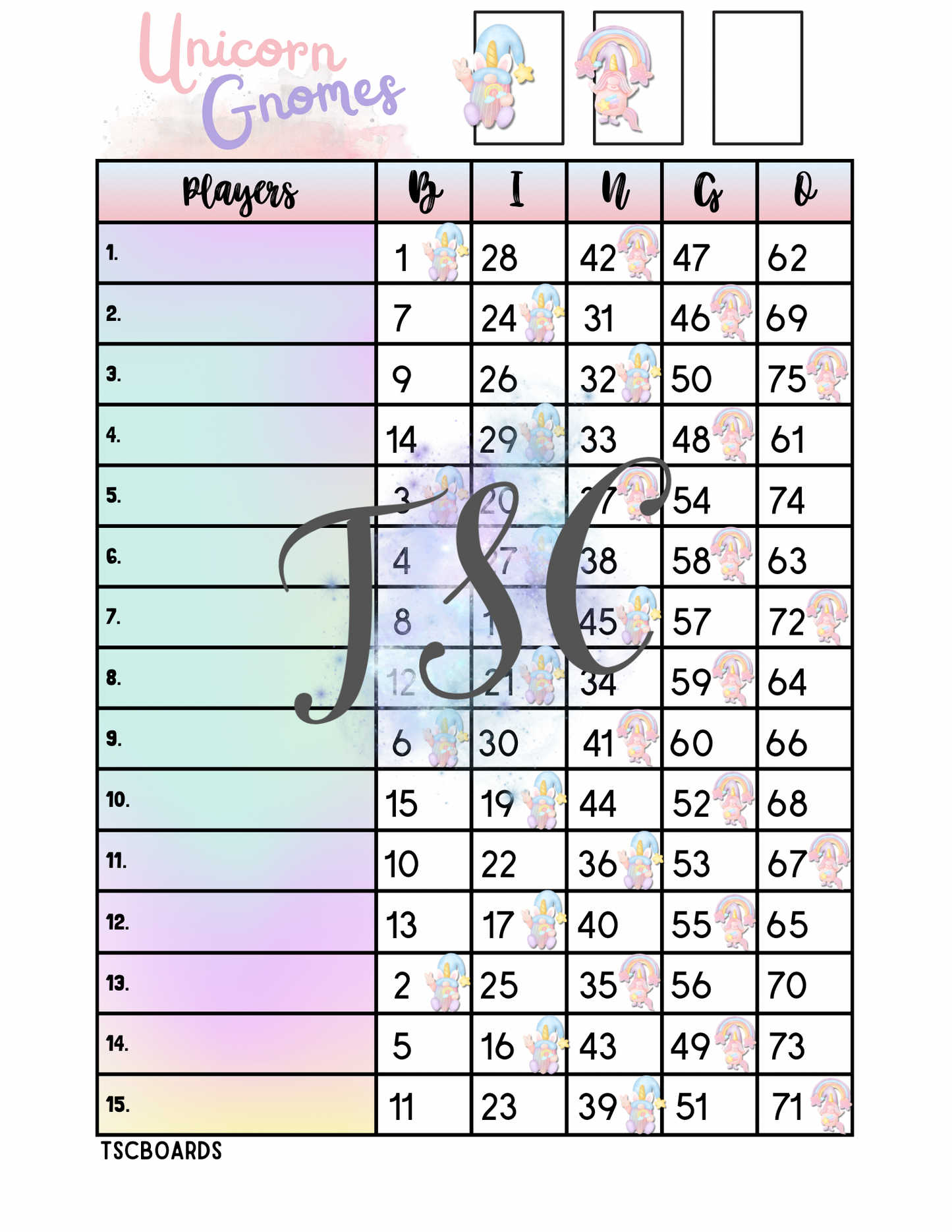 Unicorn Gnomes Bingo Board 1-75 Ball 1-15 Line