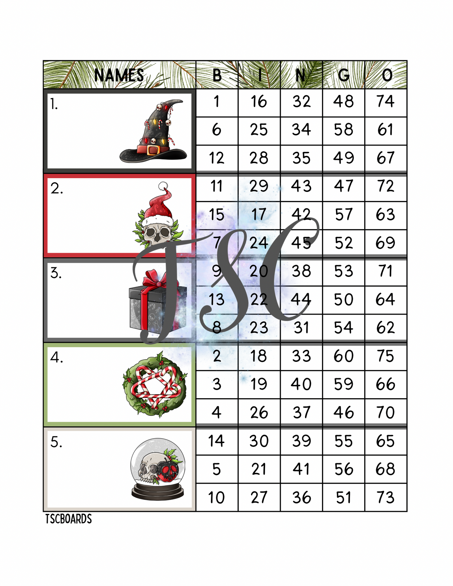 Dark Christmas Block Bingo Board 1-75 Ball