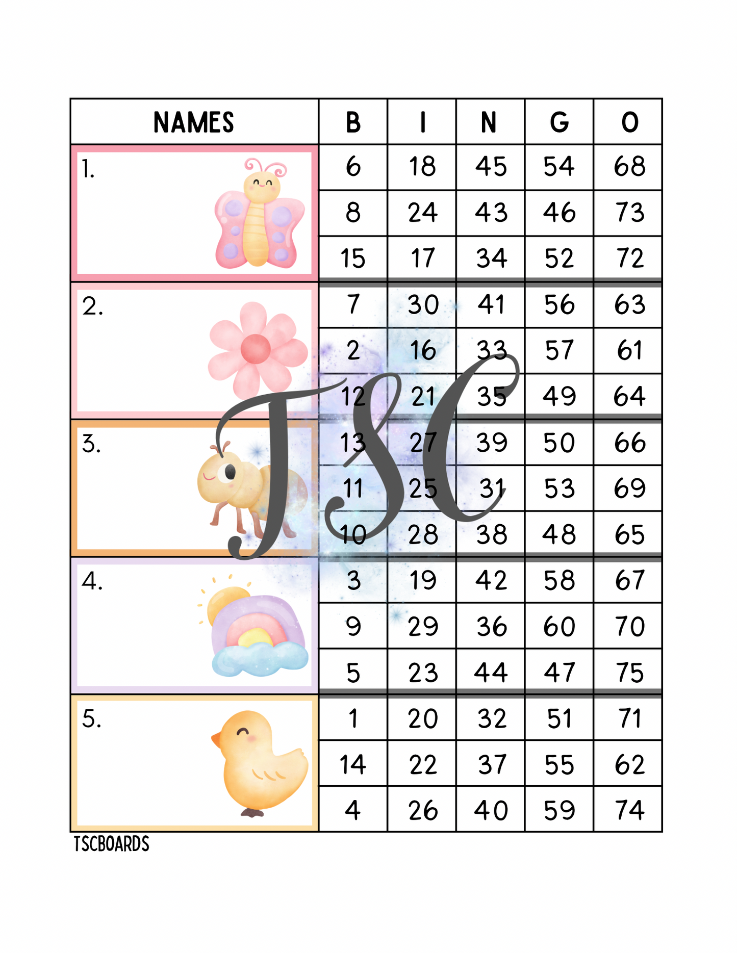 Spring Block Bingo Board 1-75 Ball