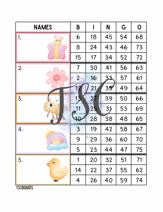 Spring Block Bingo Board 1-75 Ball