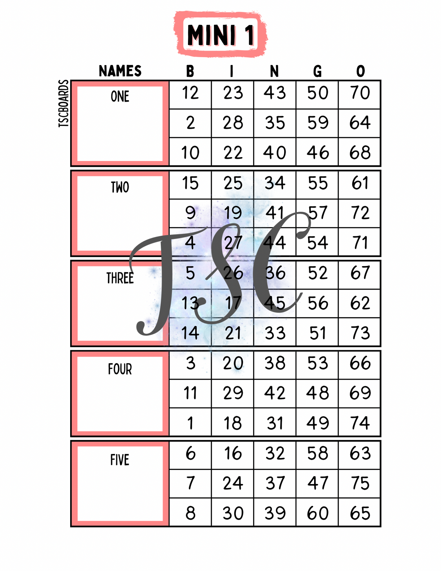 Block Mini 1 Bingo Board 1-75 Ball