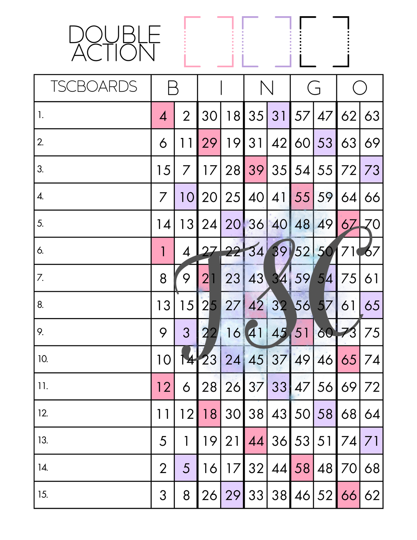 Double Action Pink and Purple Bingo Board 1-75 Ball