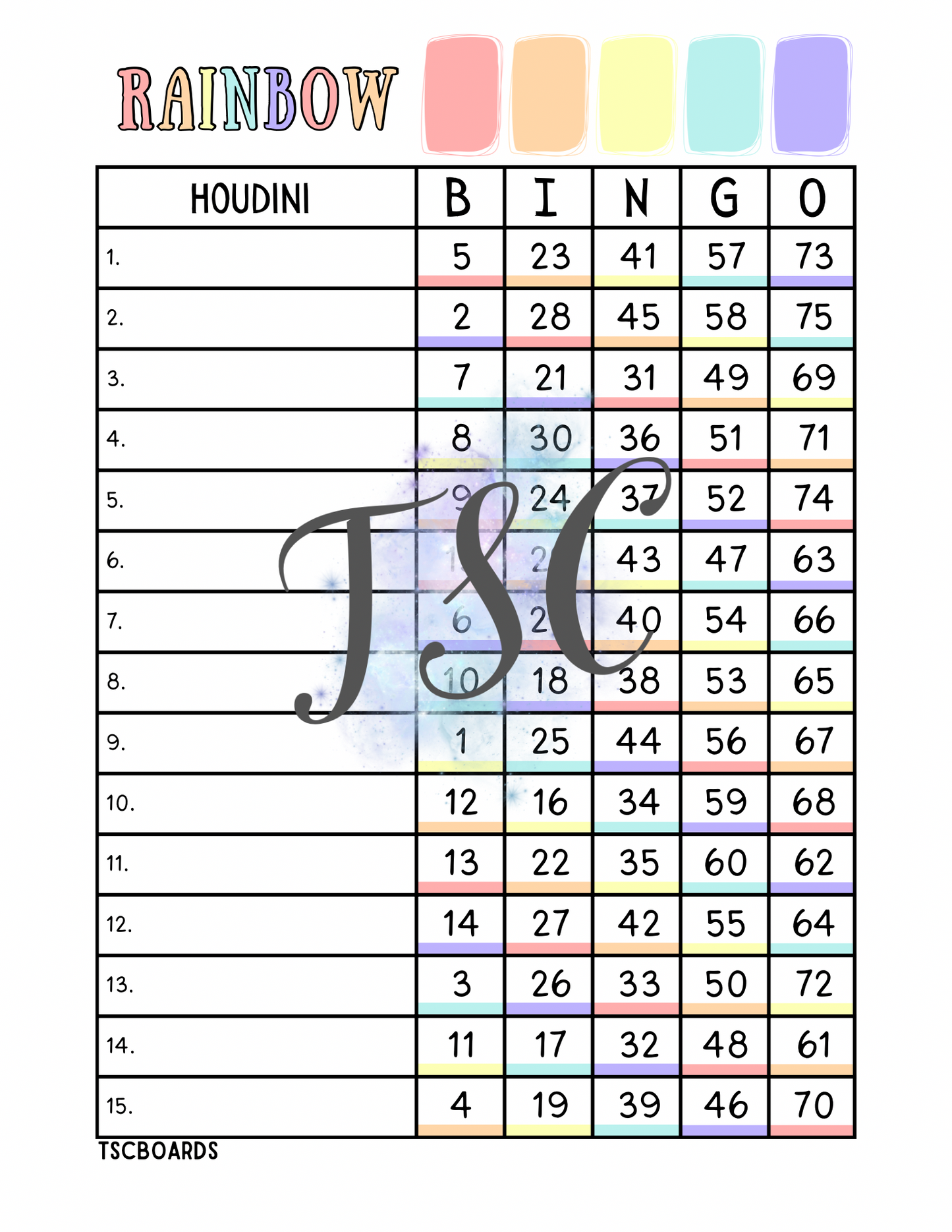 Rainbow Houdini Bingo Board 1-75 Ball